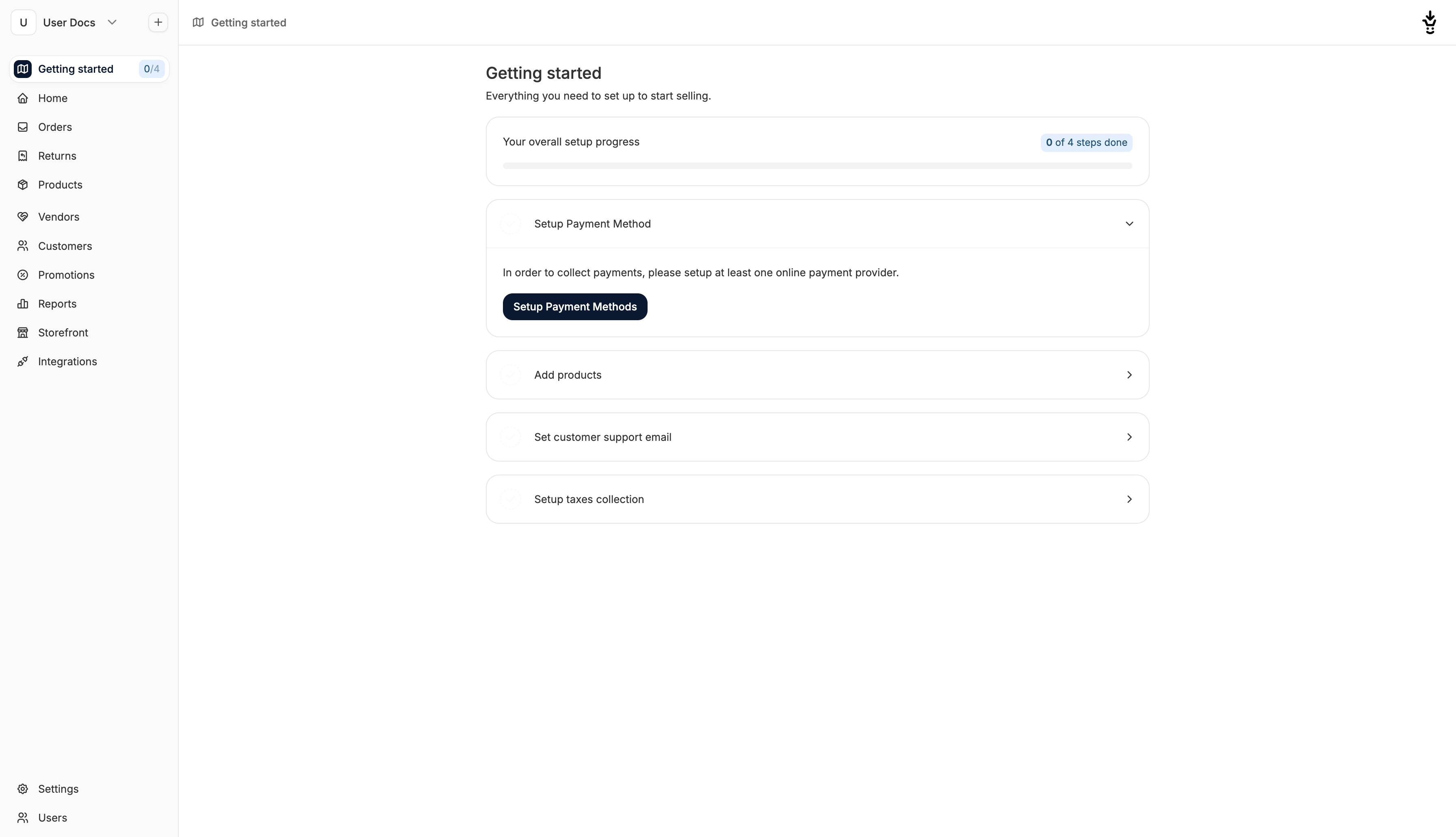 Getting Started tab showing the onboarding checklist with four key tasks