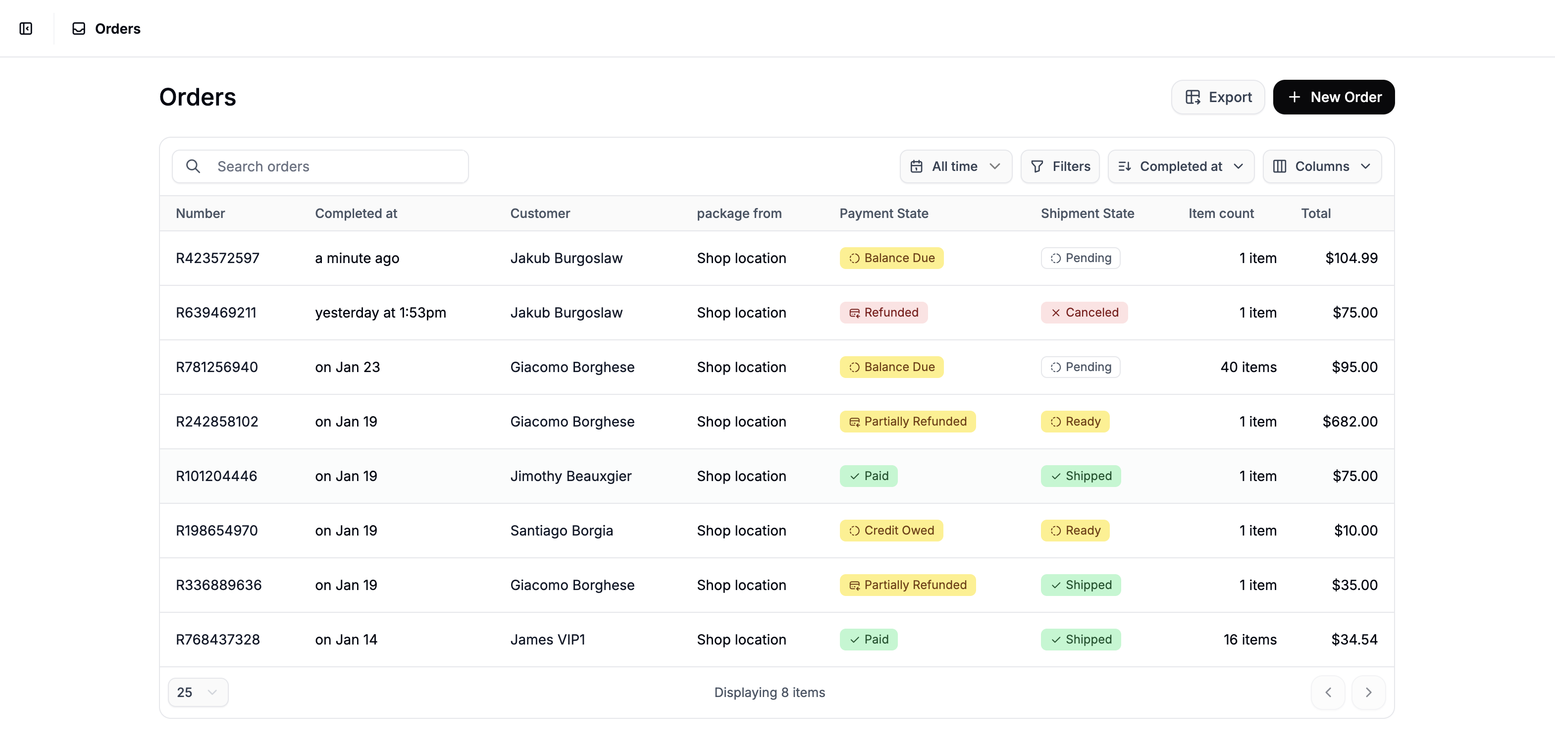 The Spree Commerce orders management dashboard