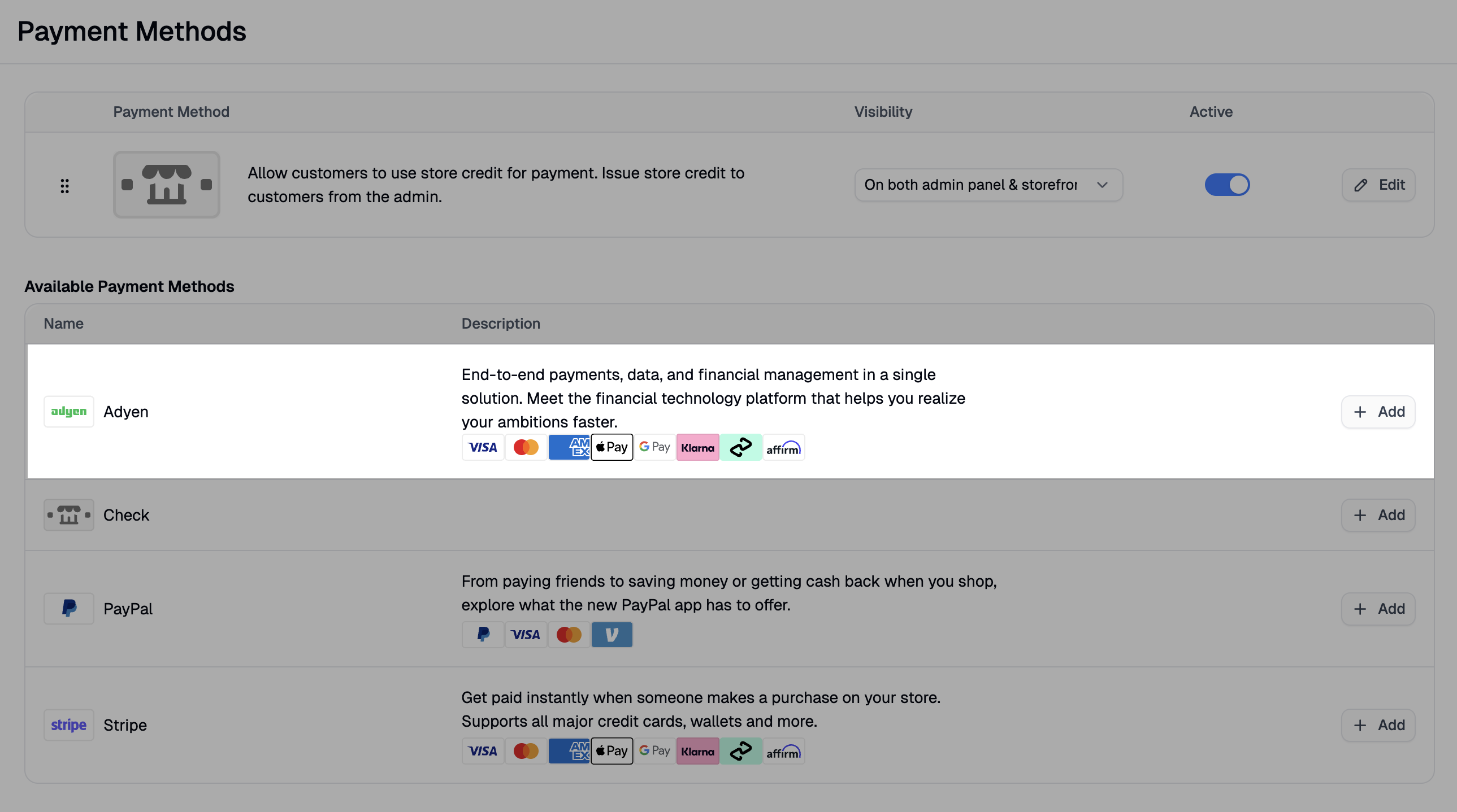 Adyen listed under Available Payment Methods on the Payments settings page