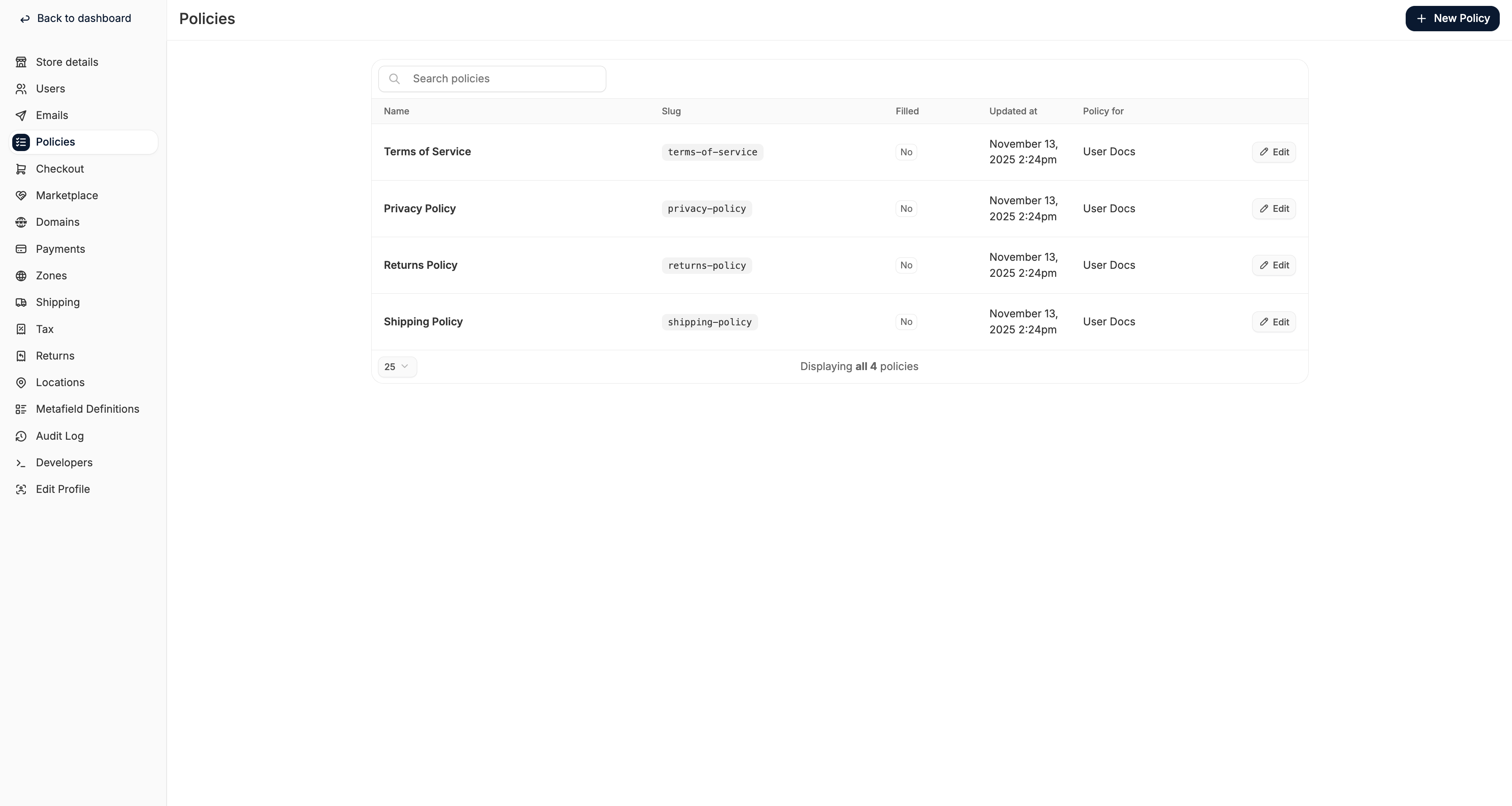 Spree Commerce policies tab