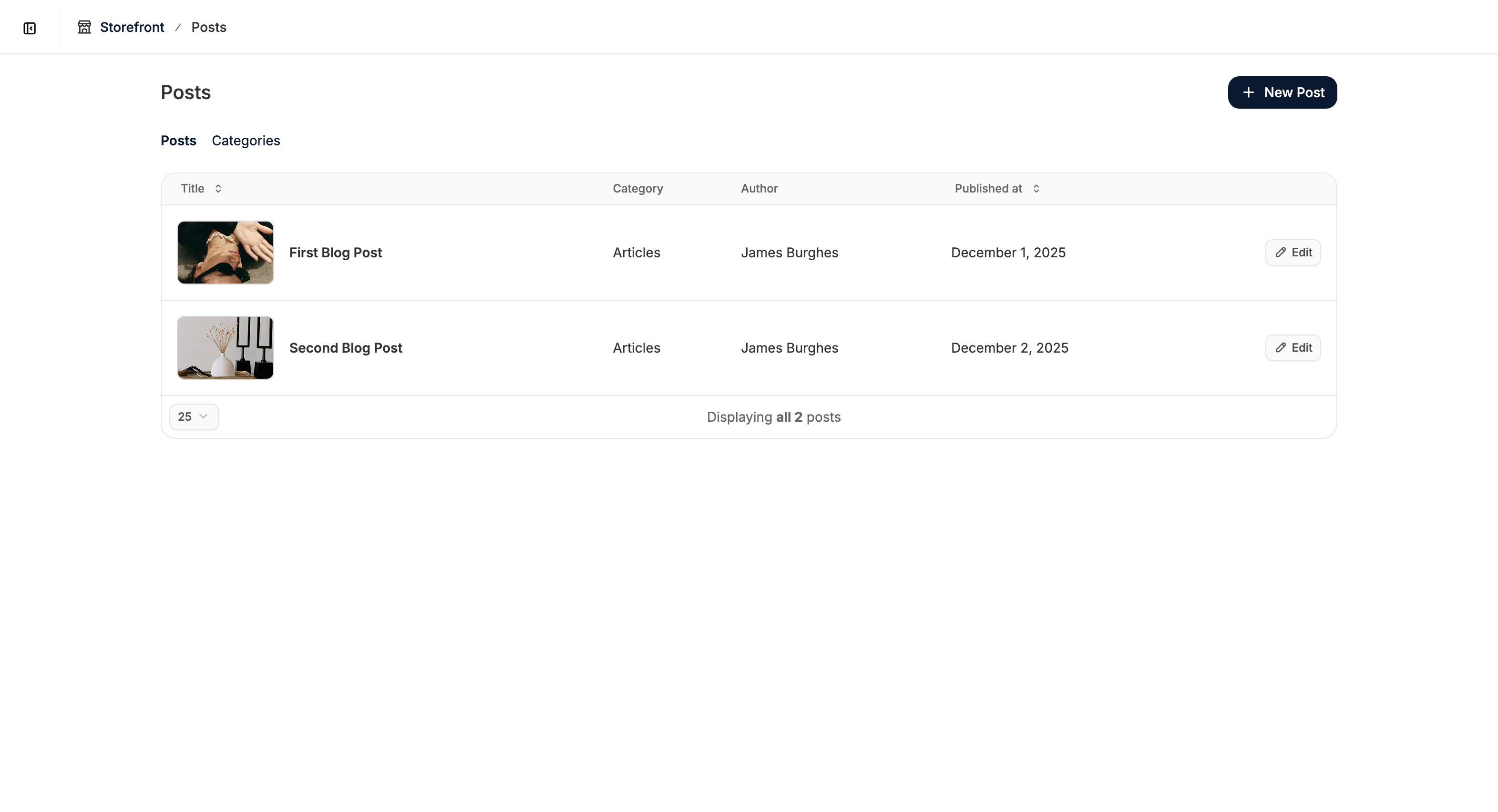 The Posts tab in the Spree Commerce dashboard