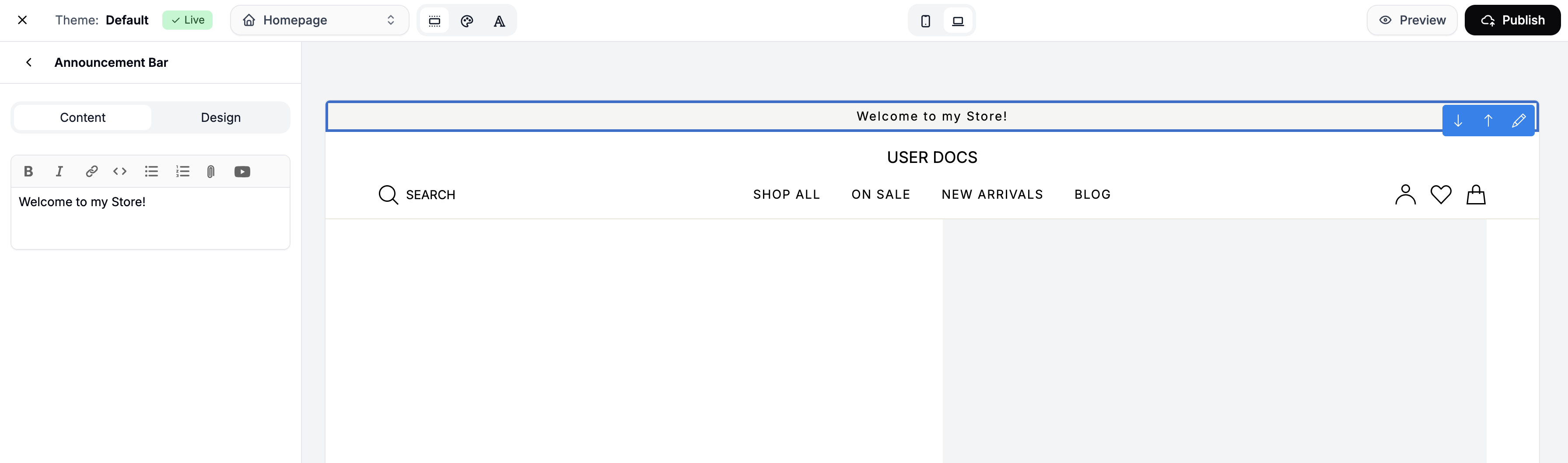 Configuring the announcement bar in the Spree Commerce theme editor