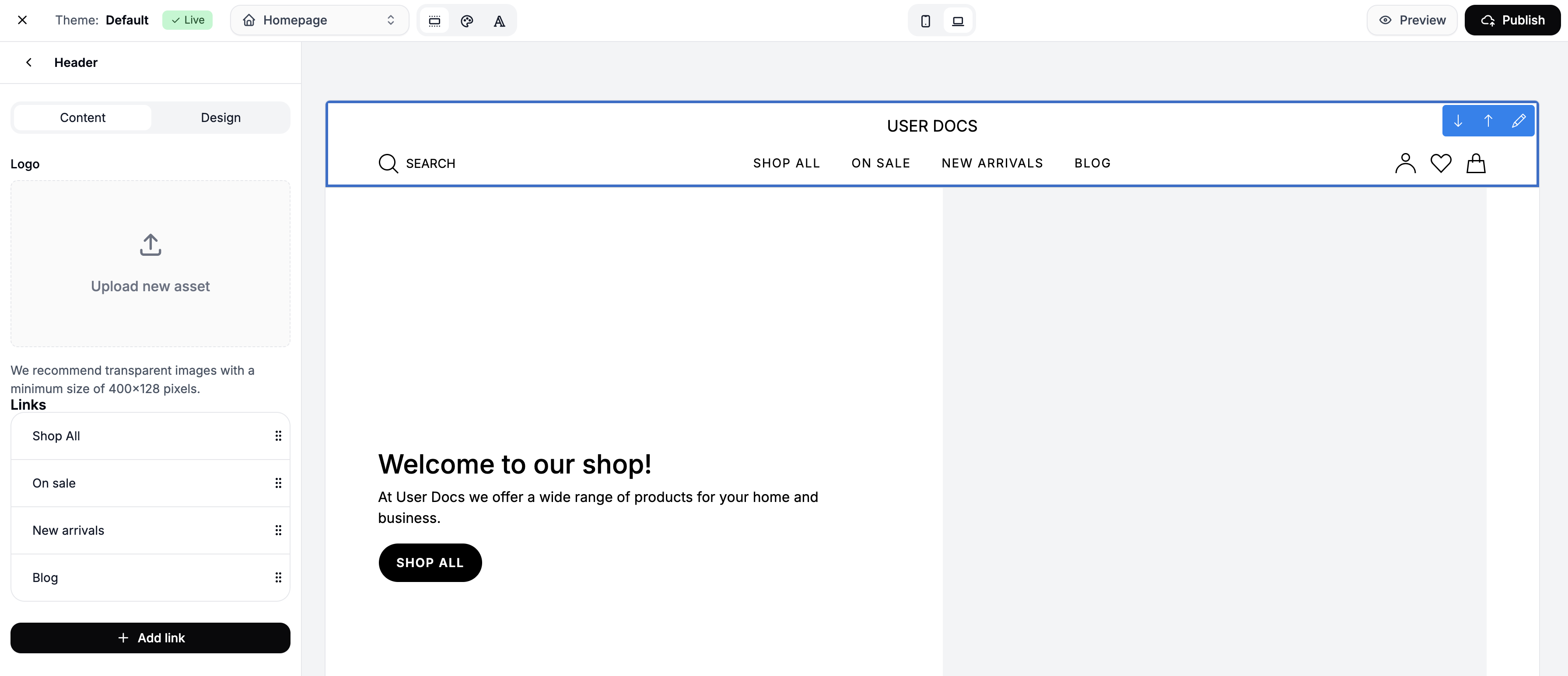 Configuring the header in the Spree Commerce theme editor