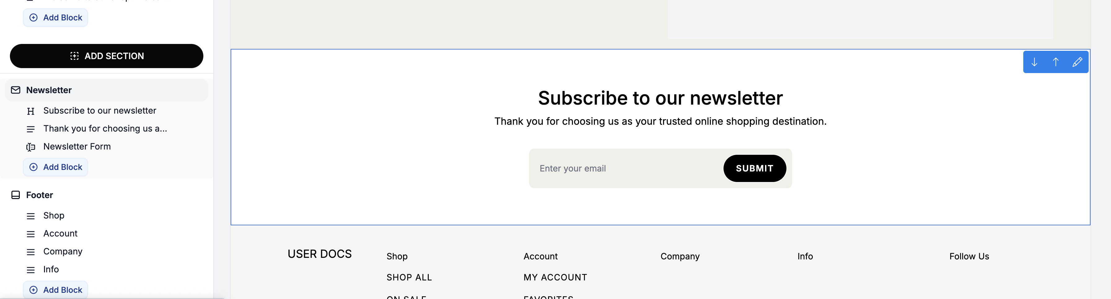 Configuring the newsletter sections in the Spree Commerce theme editor