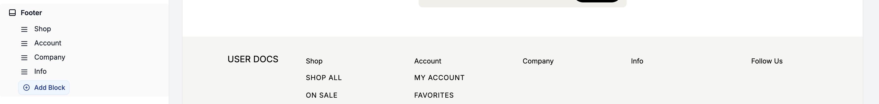 Configuring the footer section in the Spree Commerce theme editor