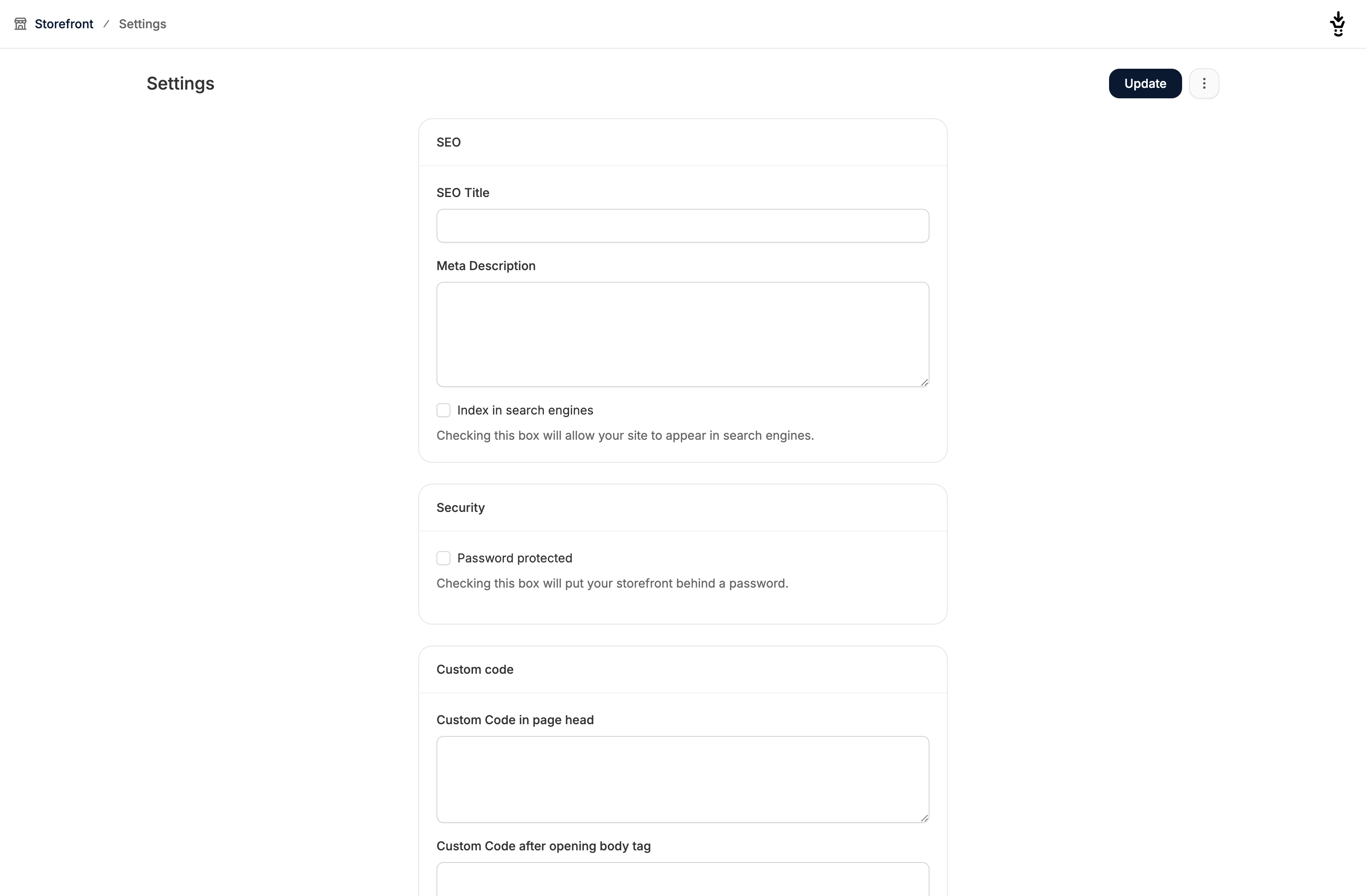 An ecommerce storefront settings menu