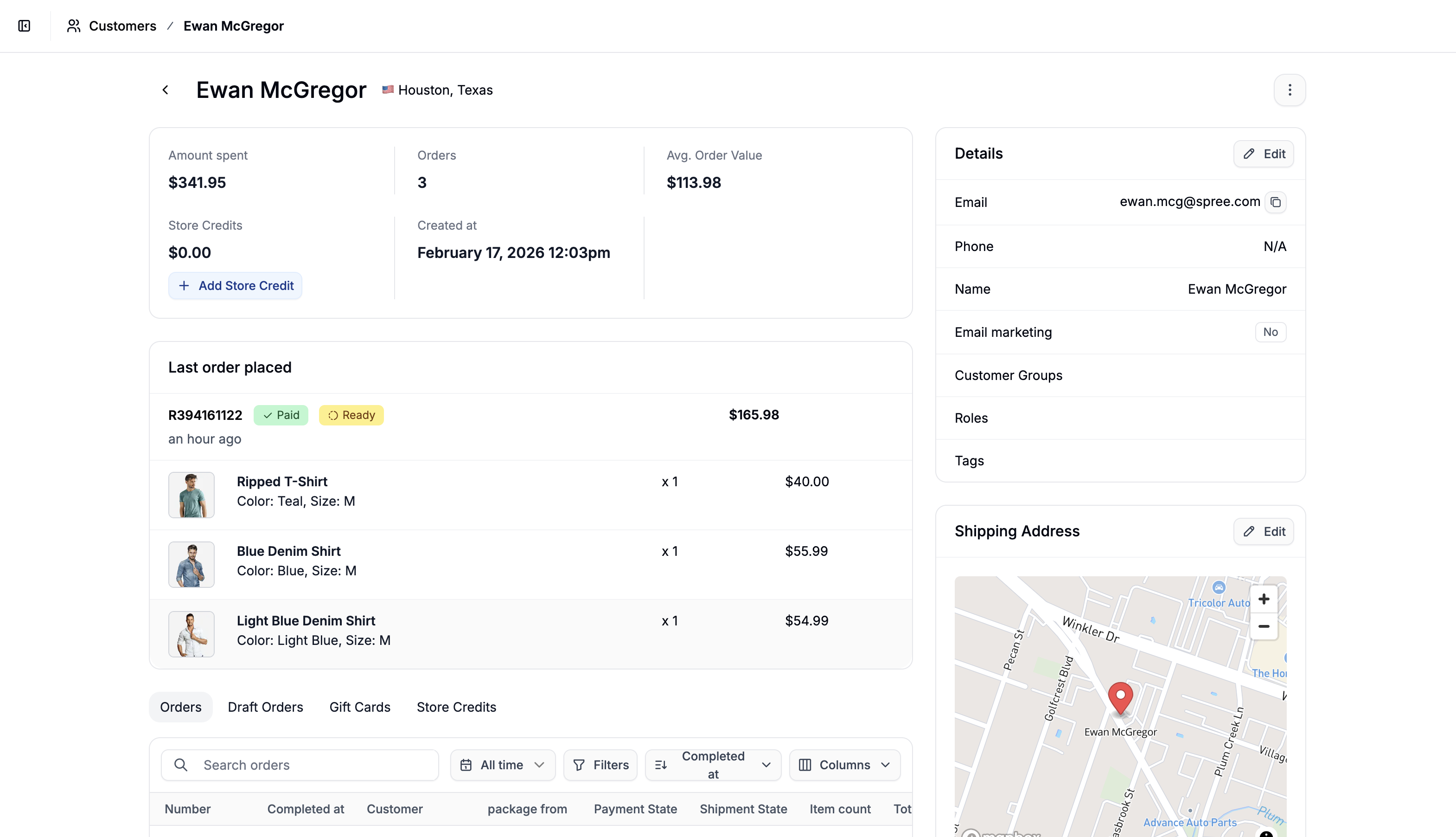 A customer's profile in the Spree Commerce dashboard