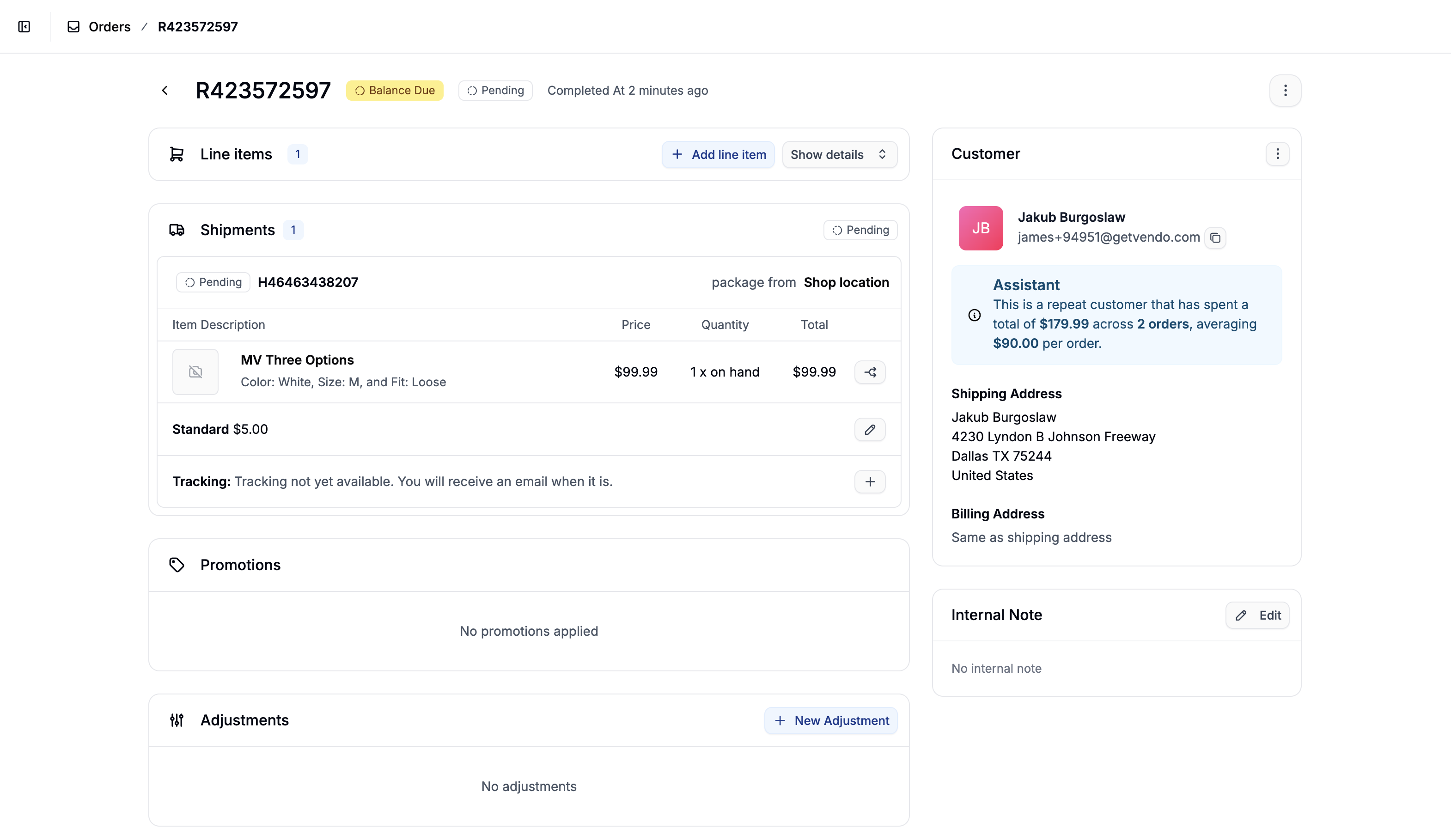 An order overview page in Spree Commerce