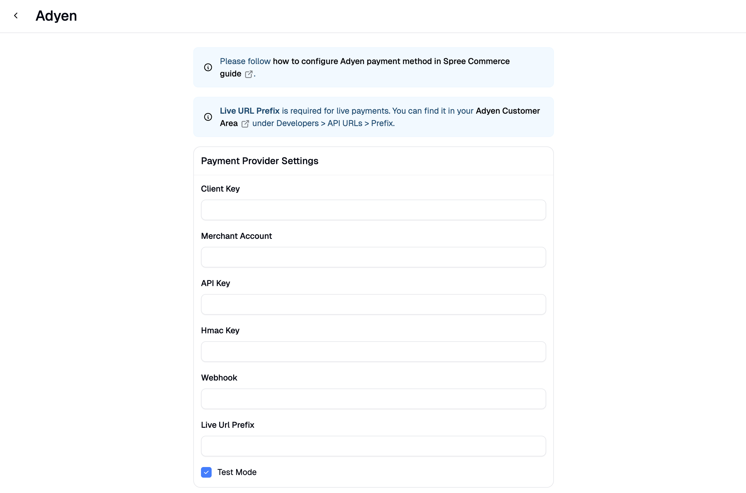 The Adyen setup form with fields for Merchant Account, API Key, Client Key, HMAC Key, Webhook, and Live URL Prefix