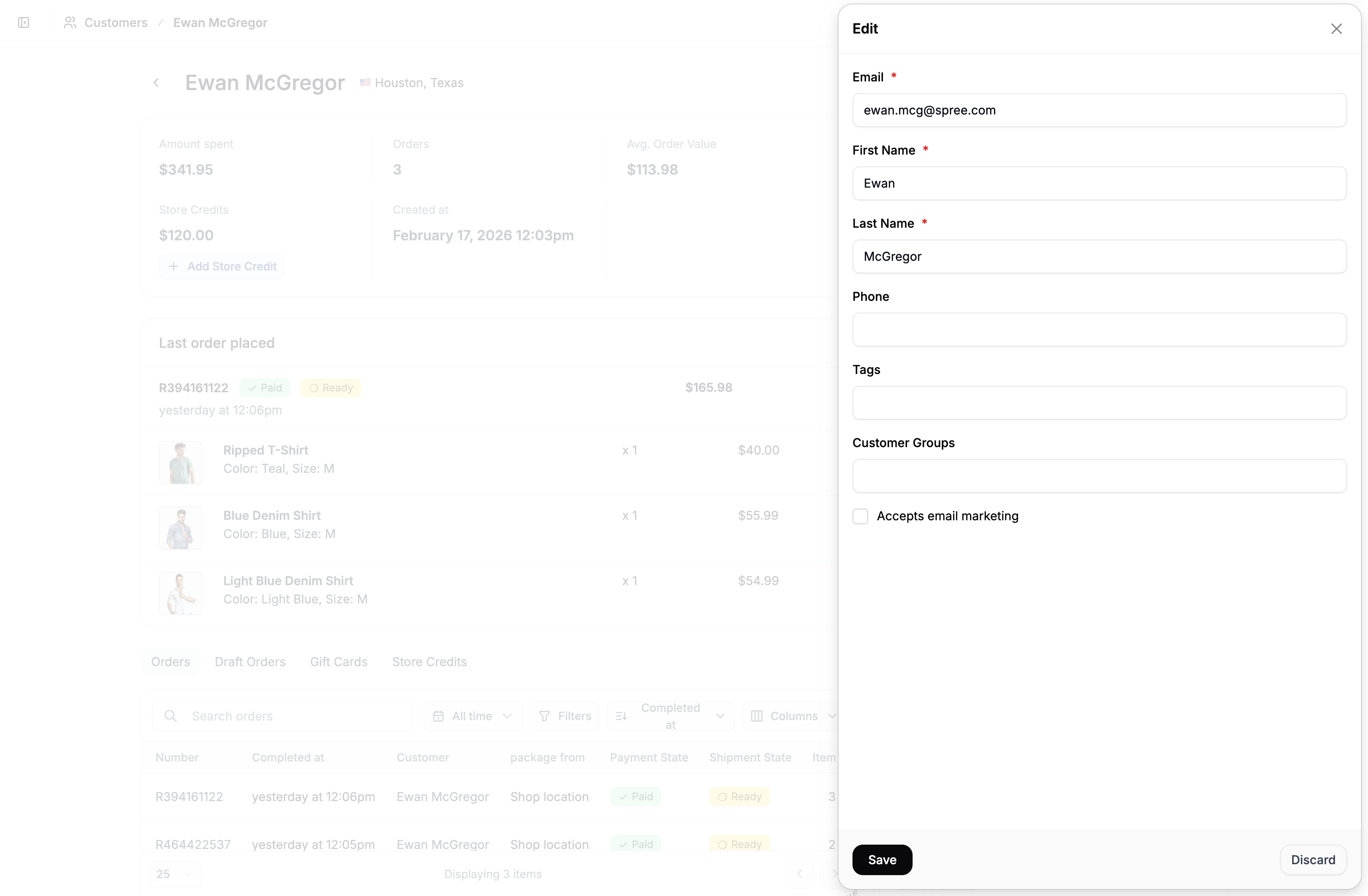 Customer contact details section in the Spree dashboard