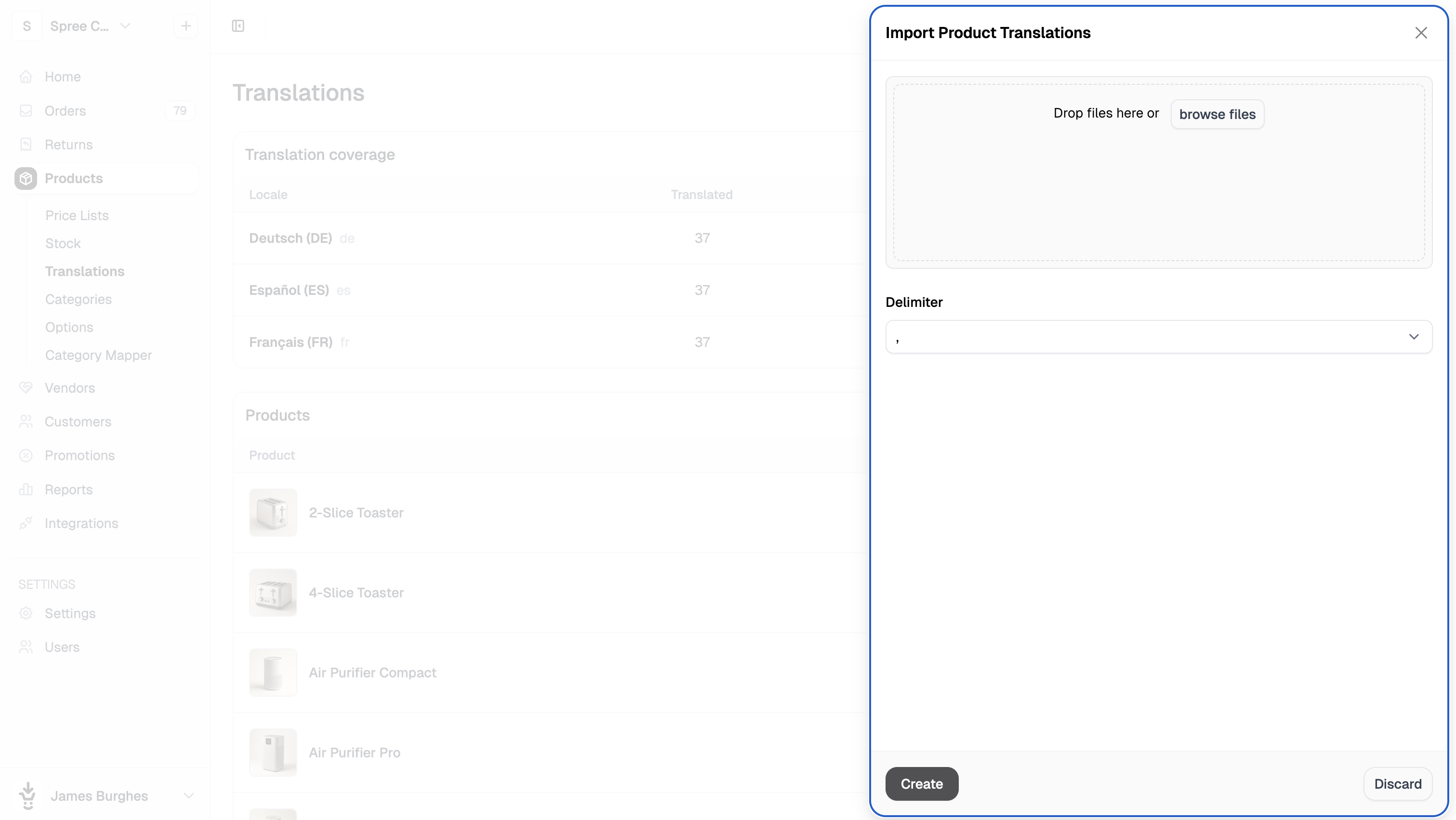 The import side panel for bulk translations