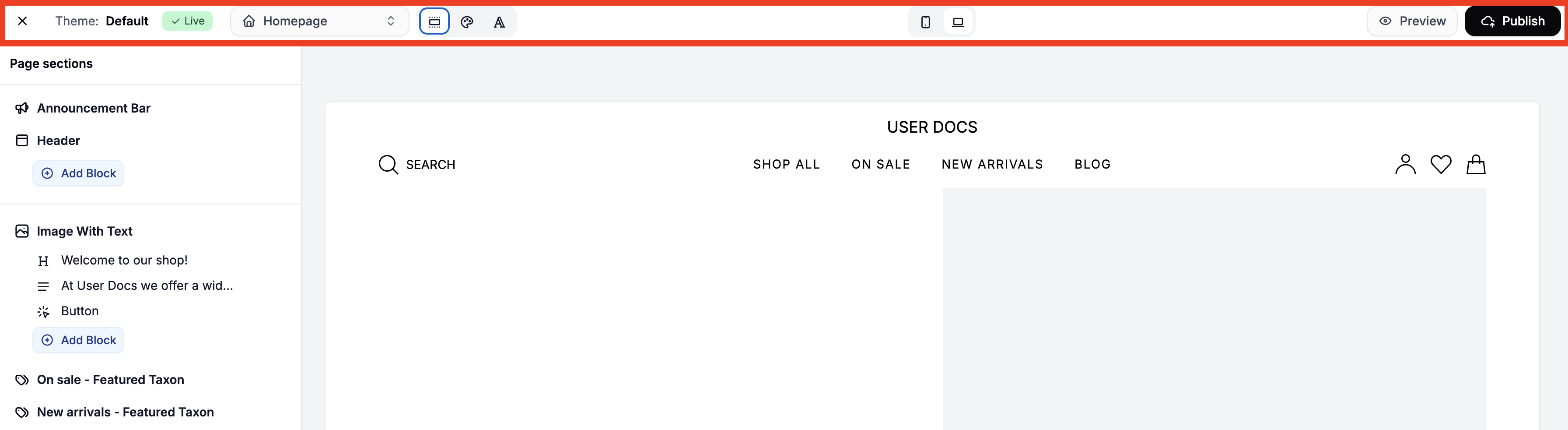 The top navigation bar in the Spree Commerce theme editor
