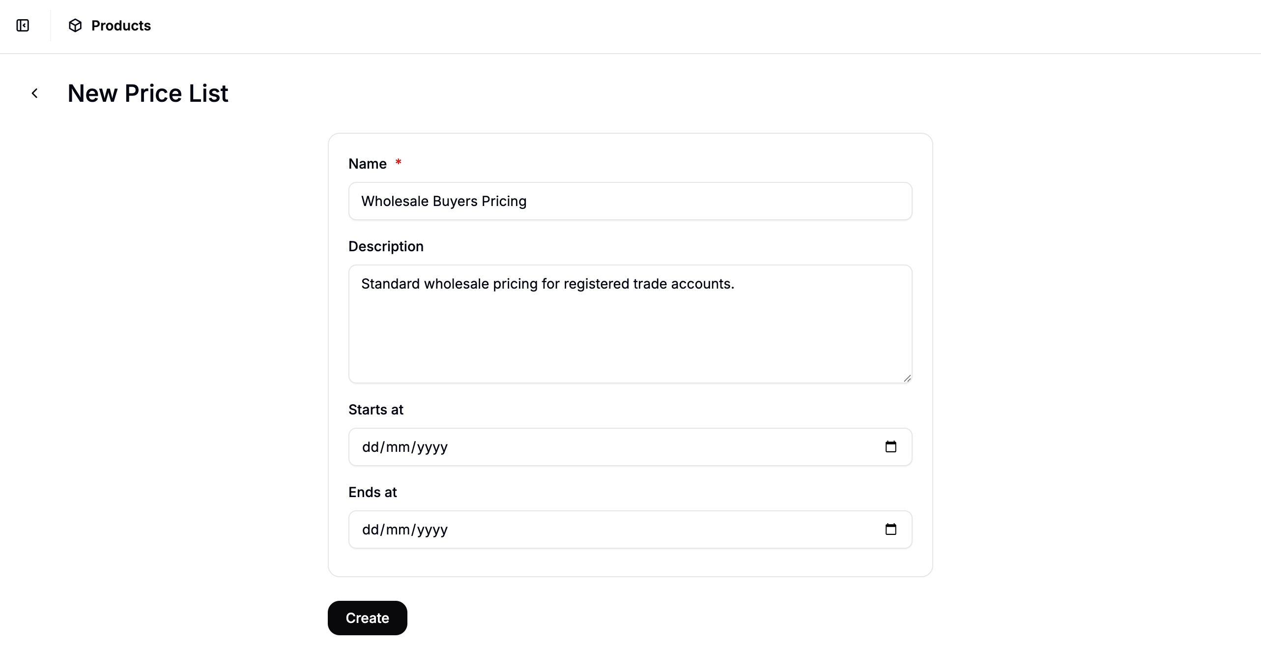 The New Price List form in Spree Commerce