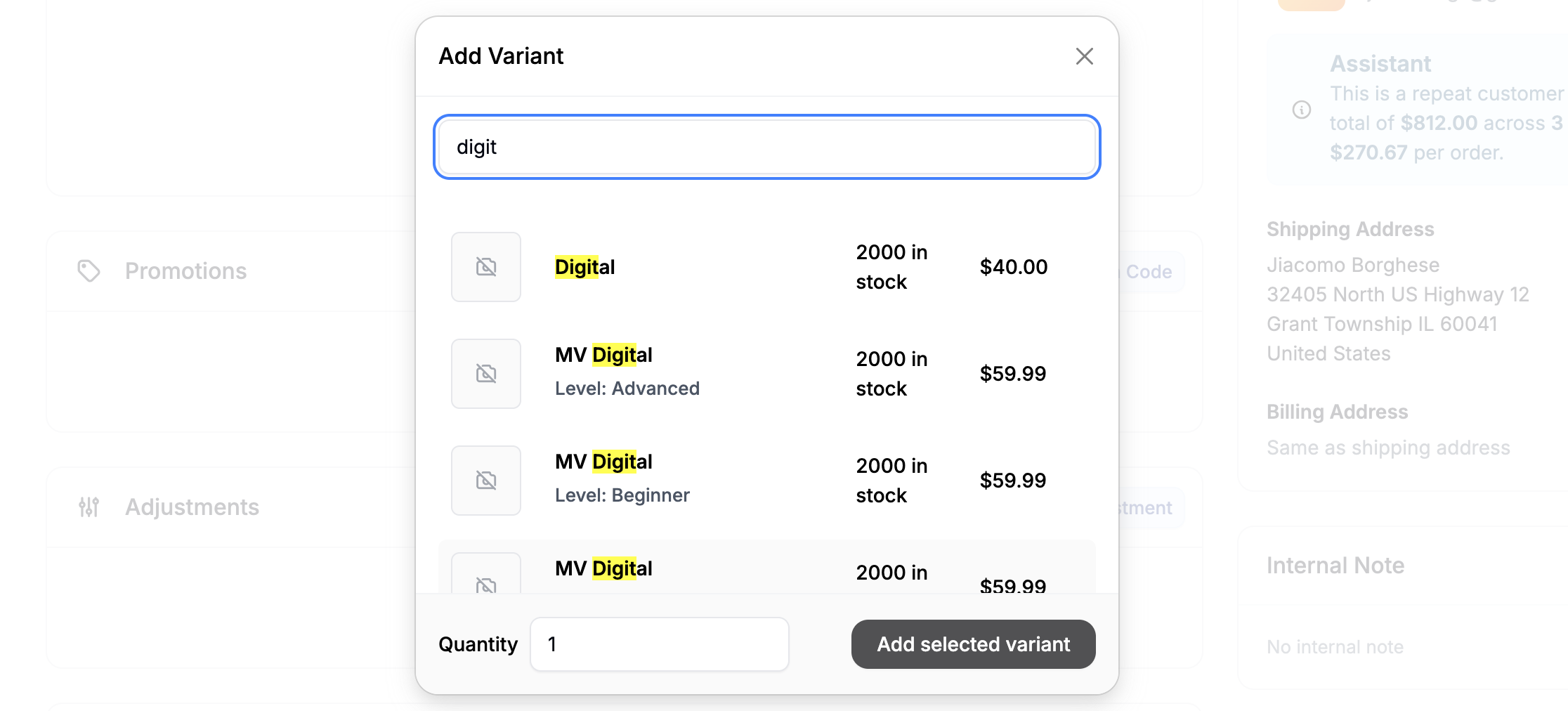 Selecting variants for an order in Spree Commerce