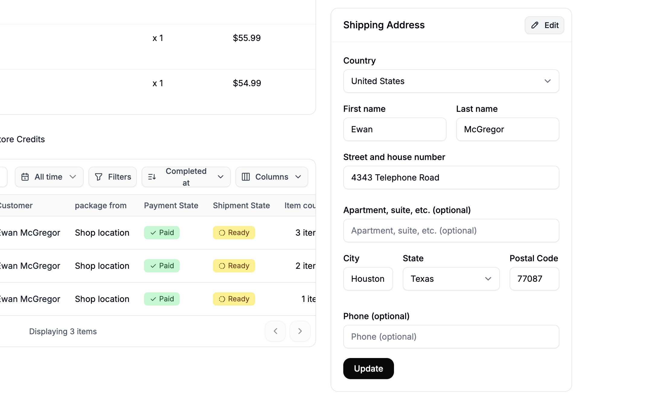 Editing the customers shipping address in the Spree dashboard