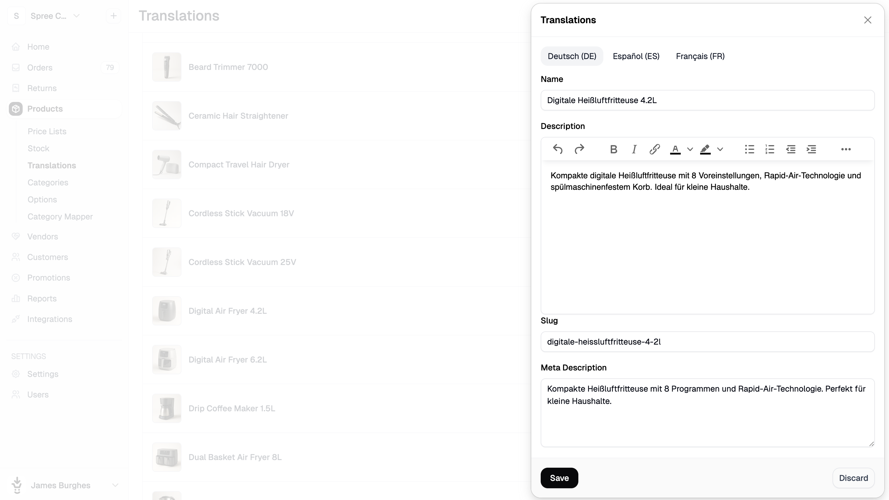 The translation drawer open for an individual product showing fields for each locale