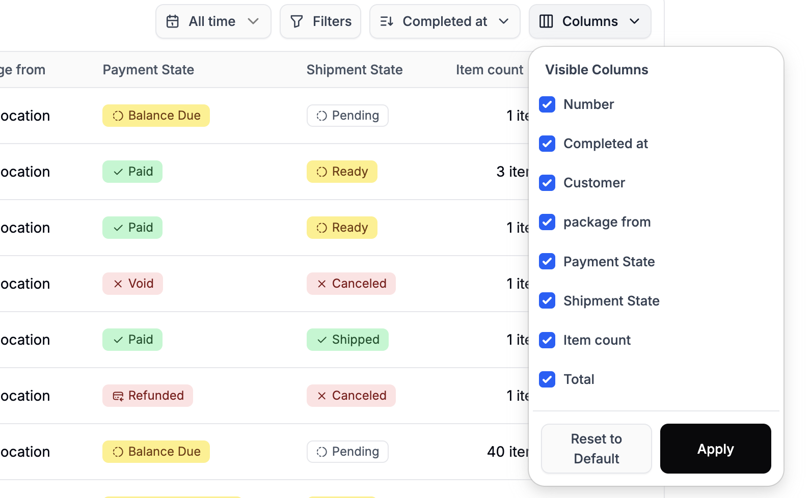 Configuring the order table view in Spree Comemrce