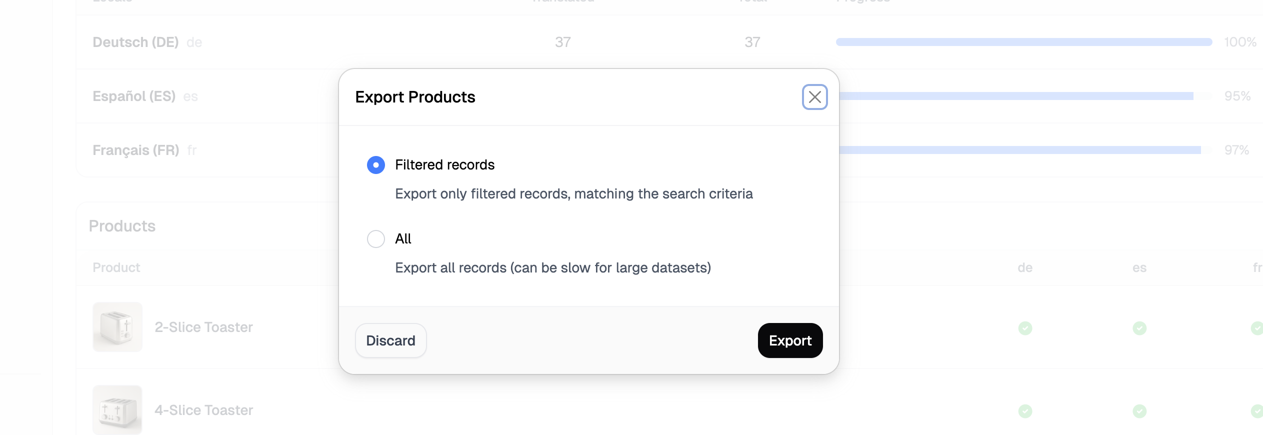 The export confirmation modal for translations