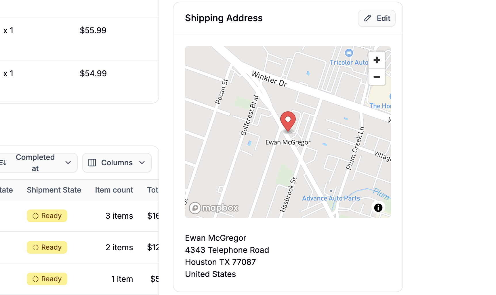 A customer's shipping address in the Spree dashboard
