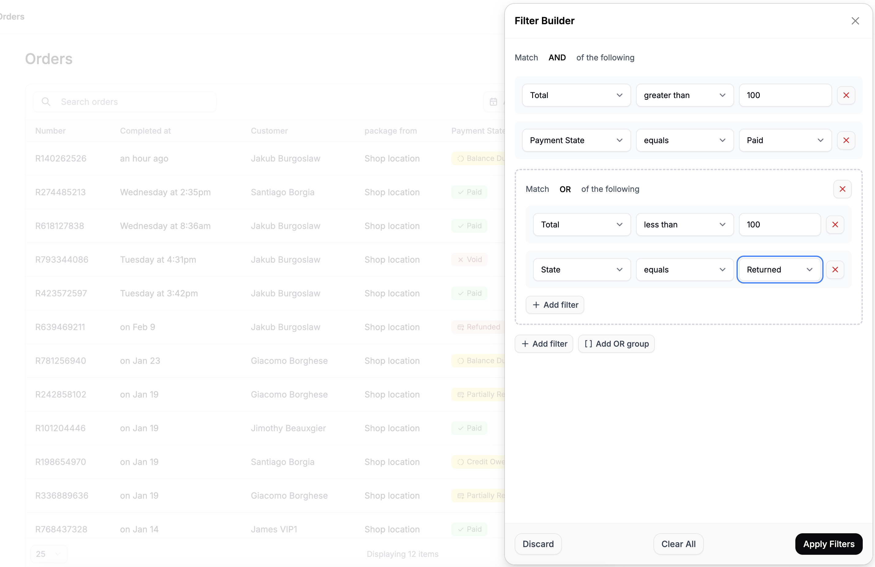 Applying advanced filters to the order table in Spree Commerce