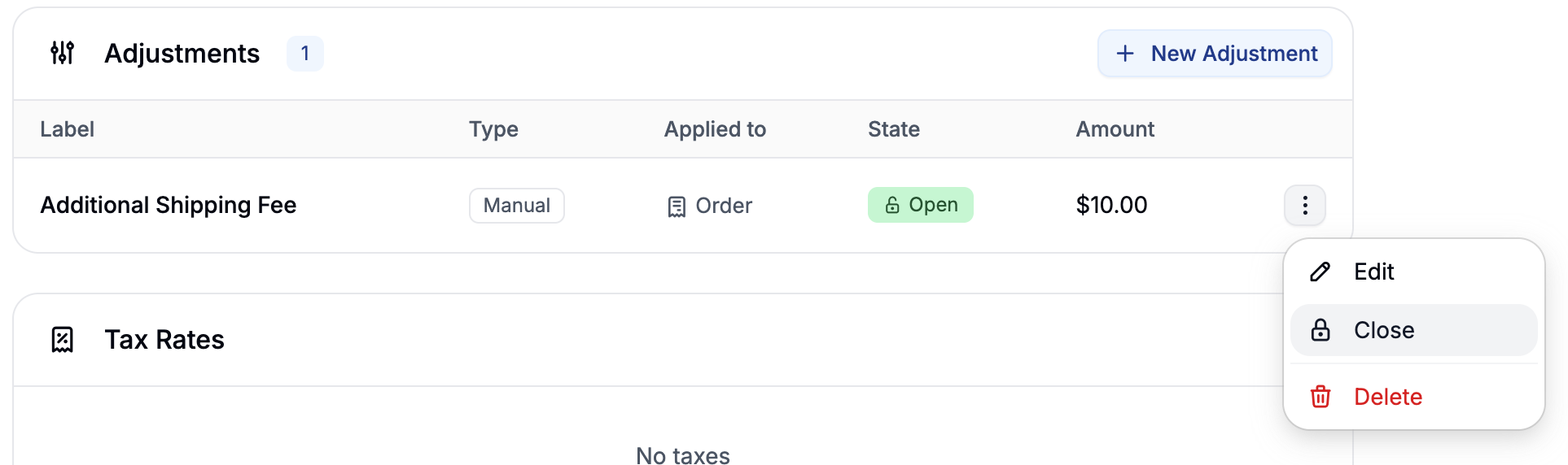 Closing an order adjustment in Spree Commerce