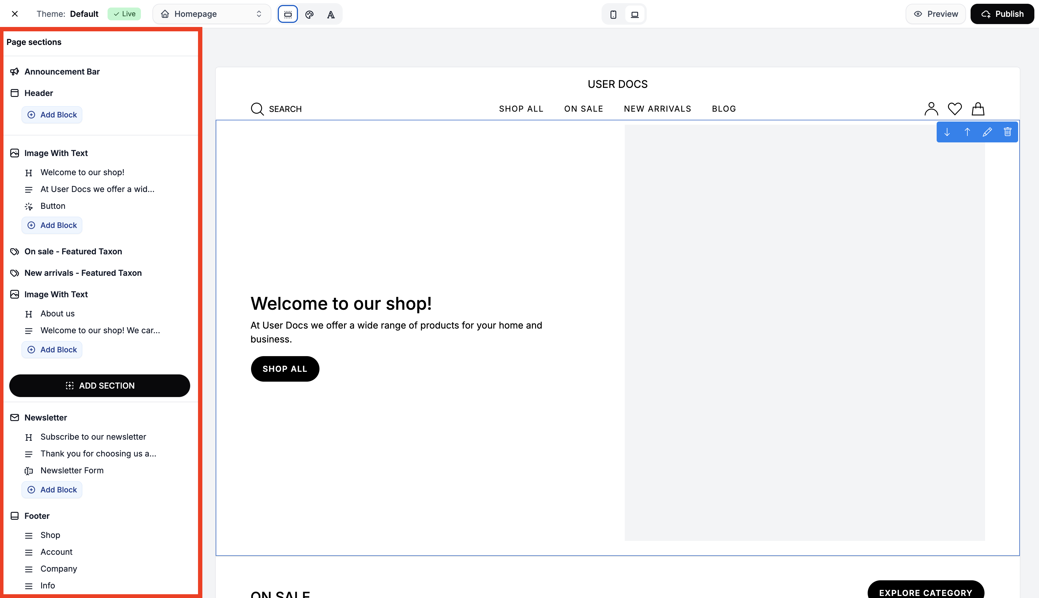 The side navigation bar in the Spree Commerce theme editor