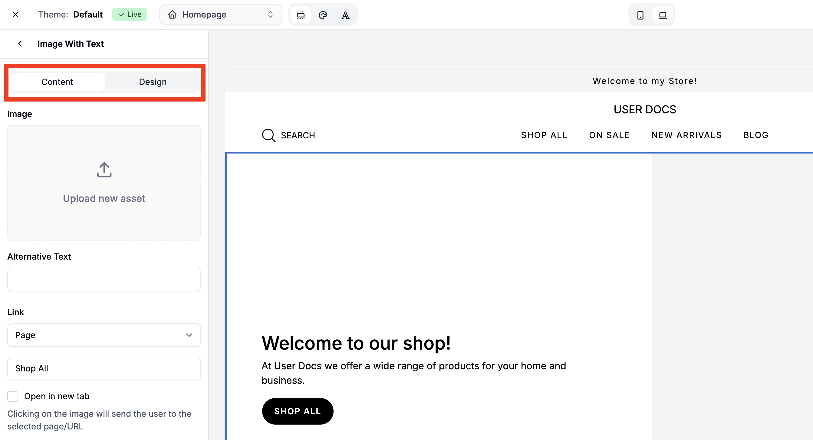 Configuring page section settings in the Spree Commerce theme editor